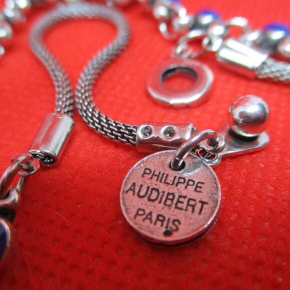 PHILIPPE AUDIBERT PARIS Navy Blue Enamel Silver Tone Metal Bib Necklace Designer - Picture 9 of 9